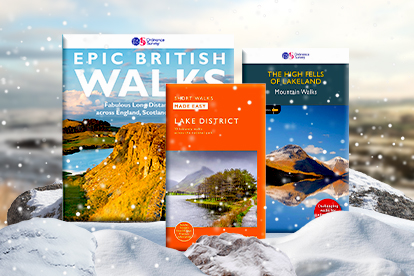 Picture of OS Pathfinder and Short Walks guidebooks on snow backround