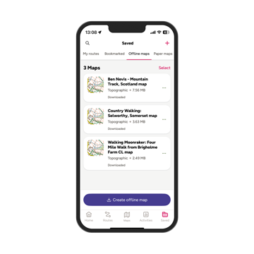 OS Maps app offline mode saved maps list