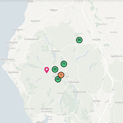 Screenshot of map showing product location pins